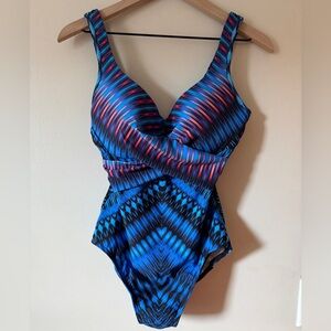 Miraclesuit Escape Criss Cross Stripe Women's One Piece Swimsuit Size 12 EUC